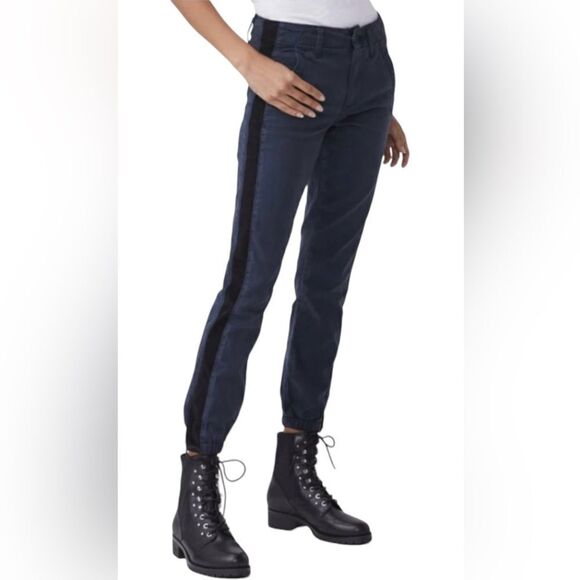 PAIGE Mayslie Sporty Navy Denim Black Side Stripe Utility Ankle Jogger 34 - Picture 1 of 4
